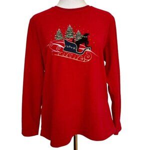 NEW Karen Scott Zeroproof Fleece Pullover Red Christmas Holiday Sled Dog Size MP